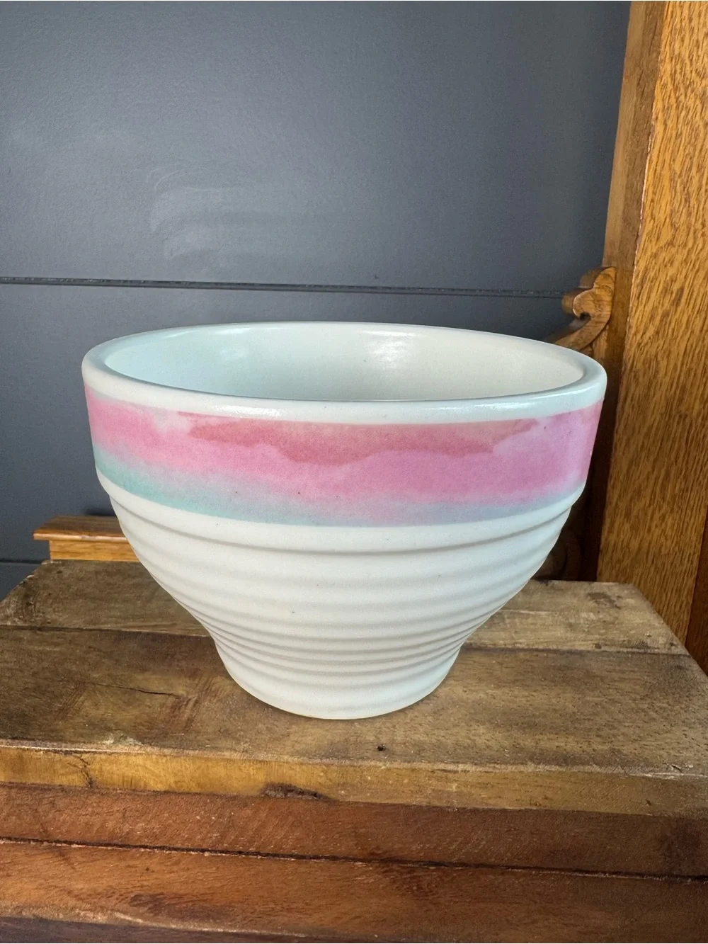 Treasure Craft Mirage Pottery Bowl USA 80's-90's Pastel Pink Teal Blue Airbrush